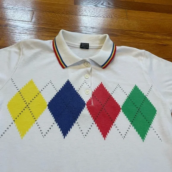 80s Colorful Argyle Diamond Design Grandpa Polo shirt vintage rare small Hunter - Picture 2 of 7